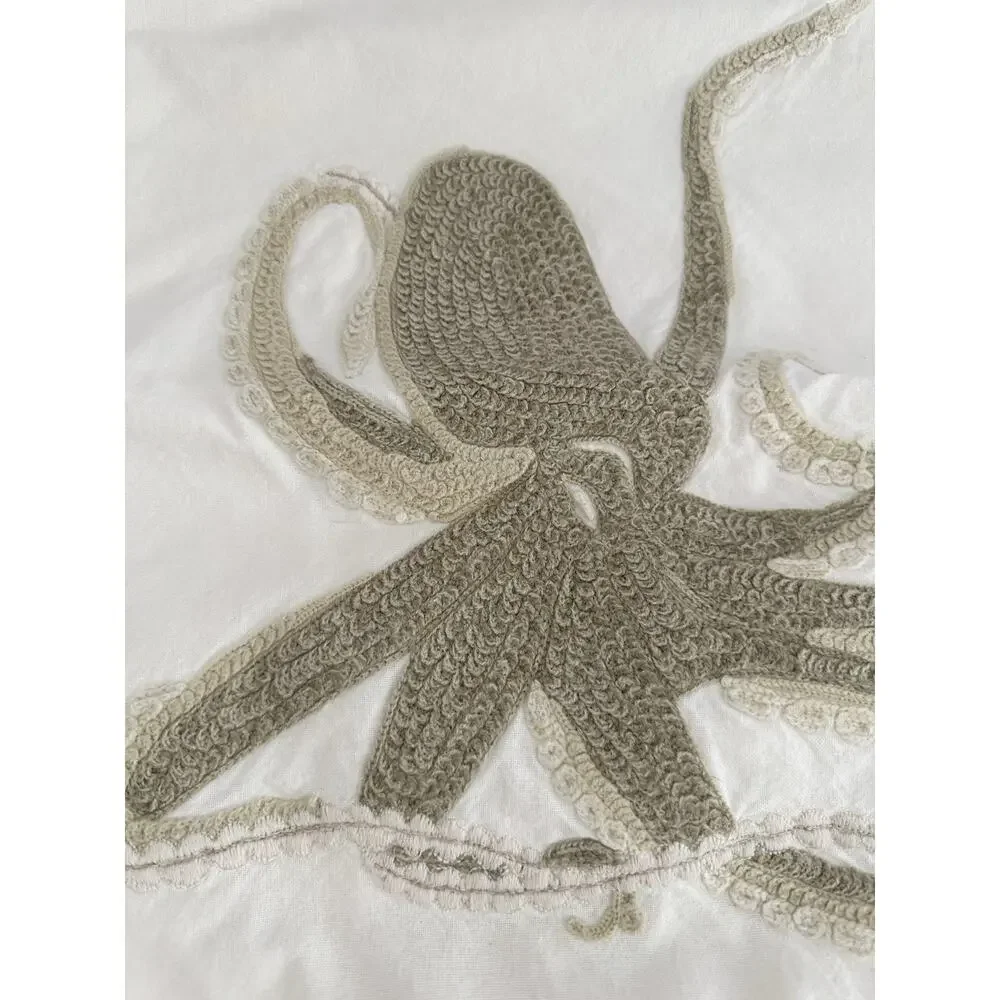 Pottery Barn OCTOPUS Embroidered Accent Pillow Beige Coastal Beachy 18 X 18”